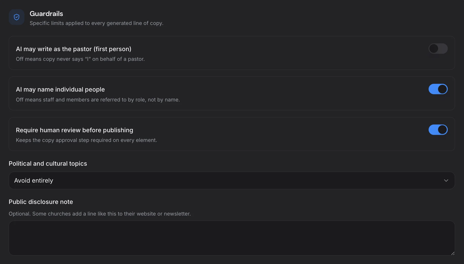 ChurchCopy AI Guardrails settings controlling pastor first-person voice, individual names, required human review, political and cultural topics, and a public disclosure note.
