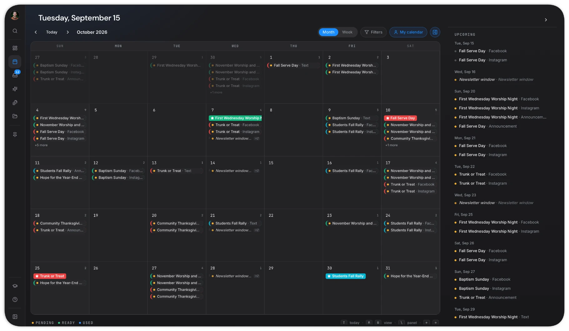 ChurchCopy V2 communications calendar showing church emails, social posts, texts, announcements, and newsletters by date