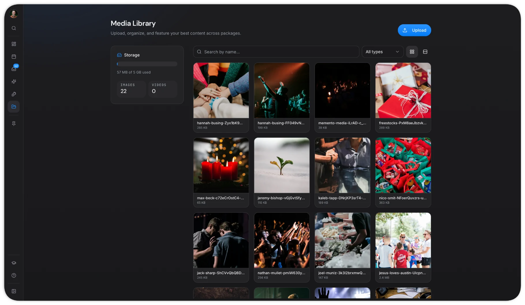 Media library grid of church event photos with storage usage and search and filter controls.