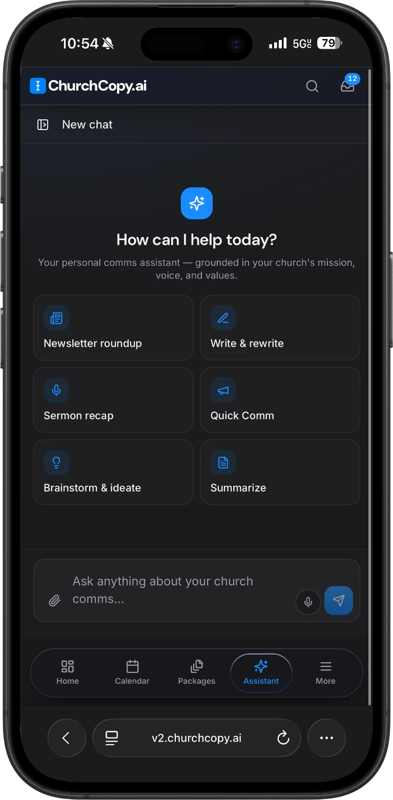 ChurchCopy AI Chat Assistant on mobile with newsletter roundup, write and rewrite, sermon recap, quick communication, brainstorm and ideate, and summarize options.