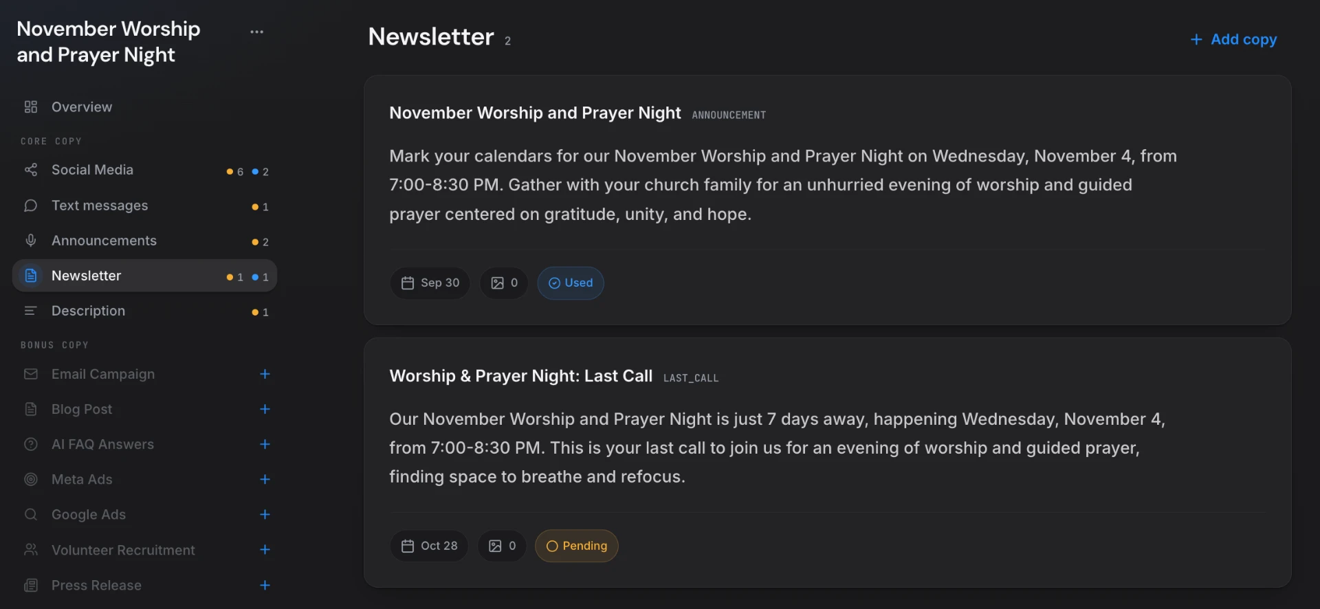 ChurchCopy copy package showing the Newsletter section with an announcement blurb marked Used and a last-call blurb marked Pending.