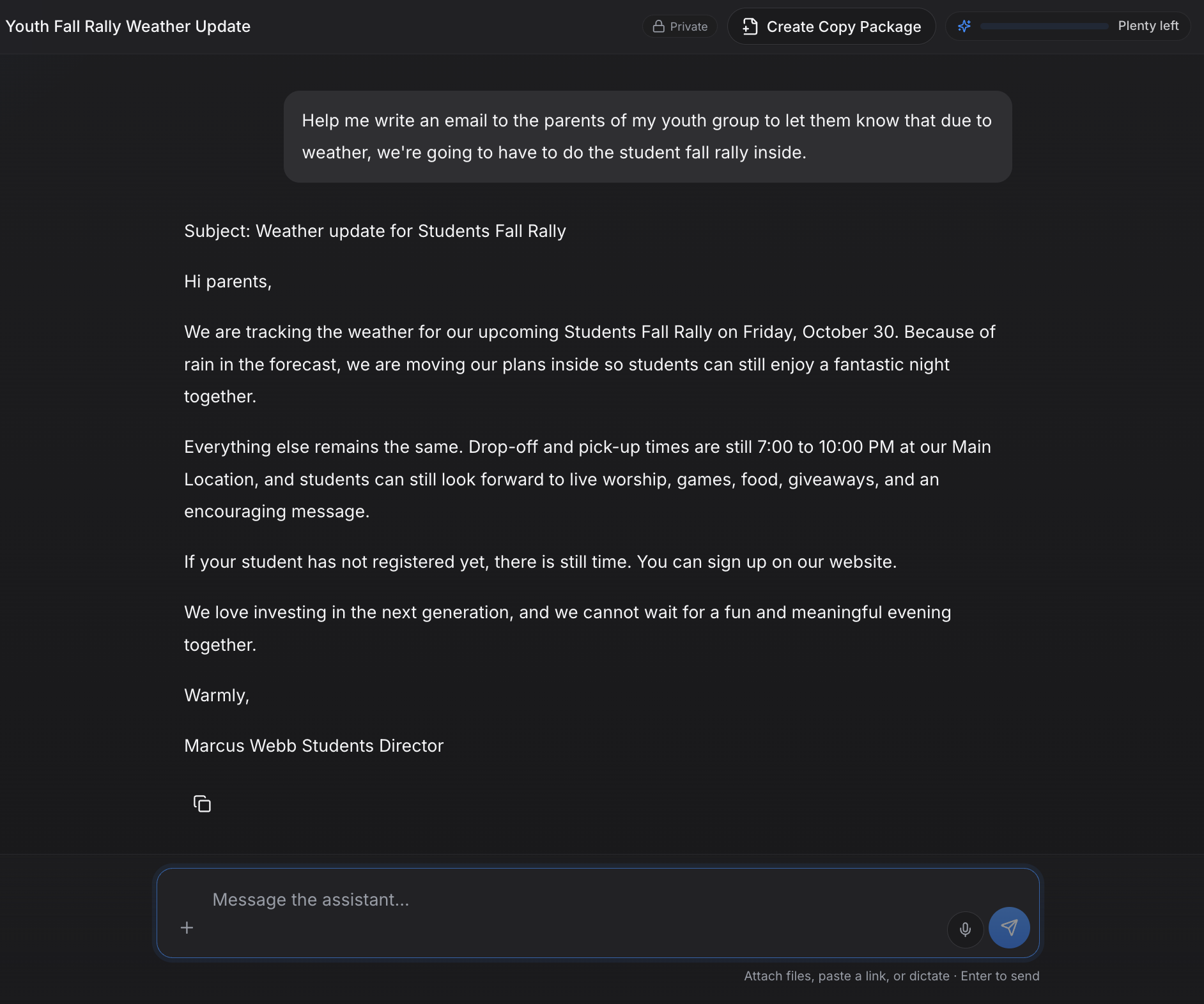 ChurchCopy AI Chat Assistant writing a weather update email to youth group parents about moving the Students Fall Rally inside.
