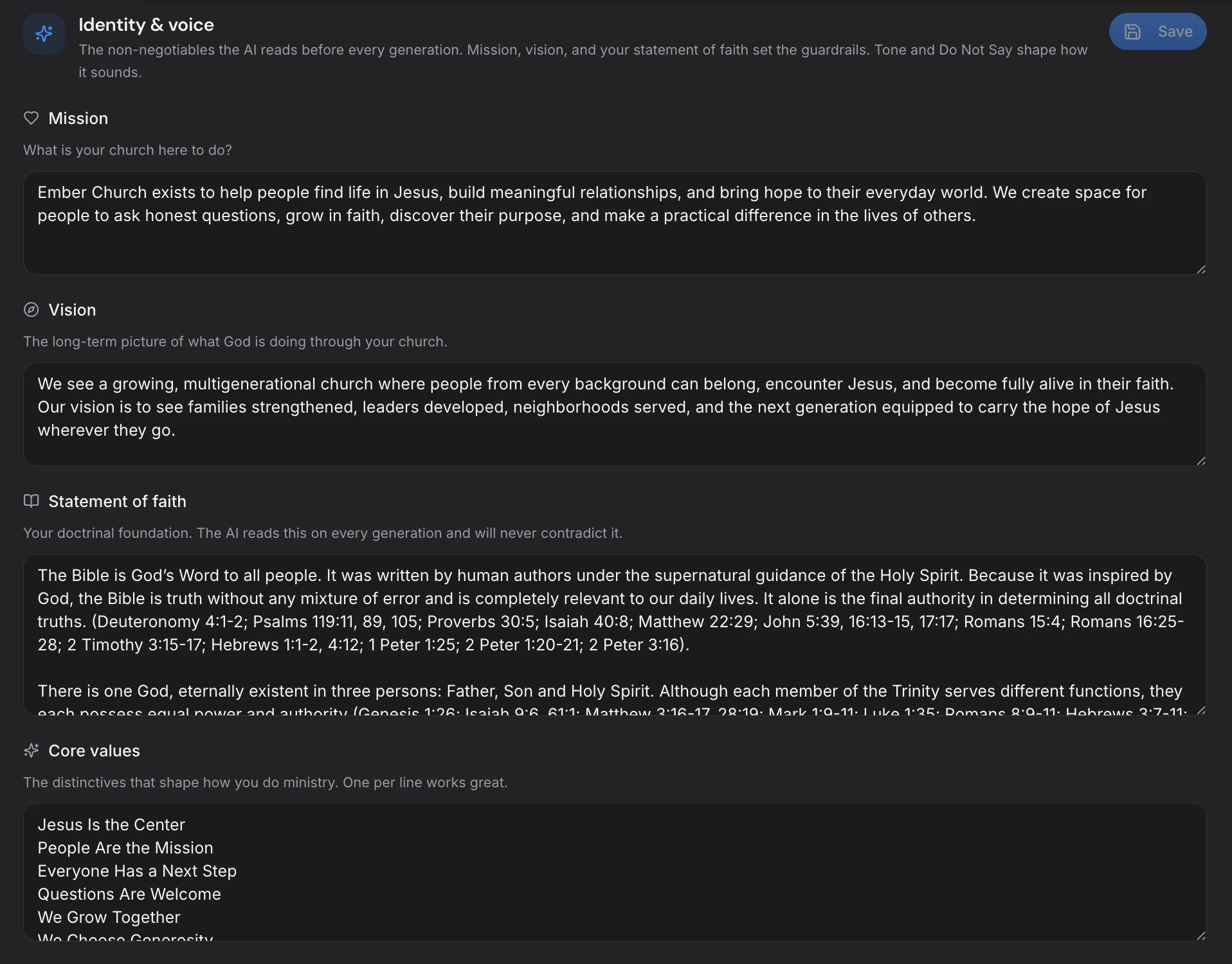 ChurchCopy Identity and Voice settings with fields for a church's mission, vision, statement of faith, and core values.