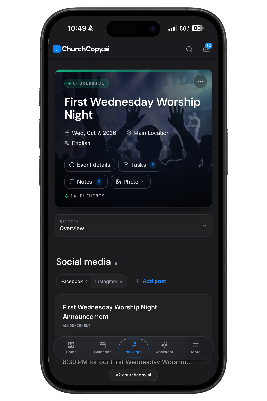 ChurchCopy mobile app showing a copy package for First Wednesday Worship Night with social media posts, tasks, notes, and photos.