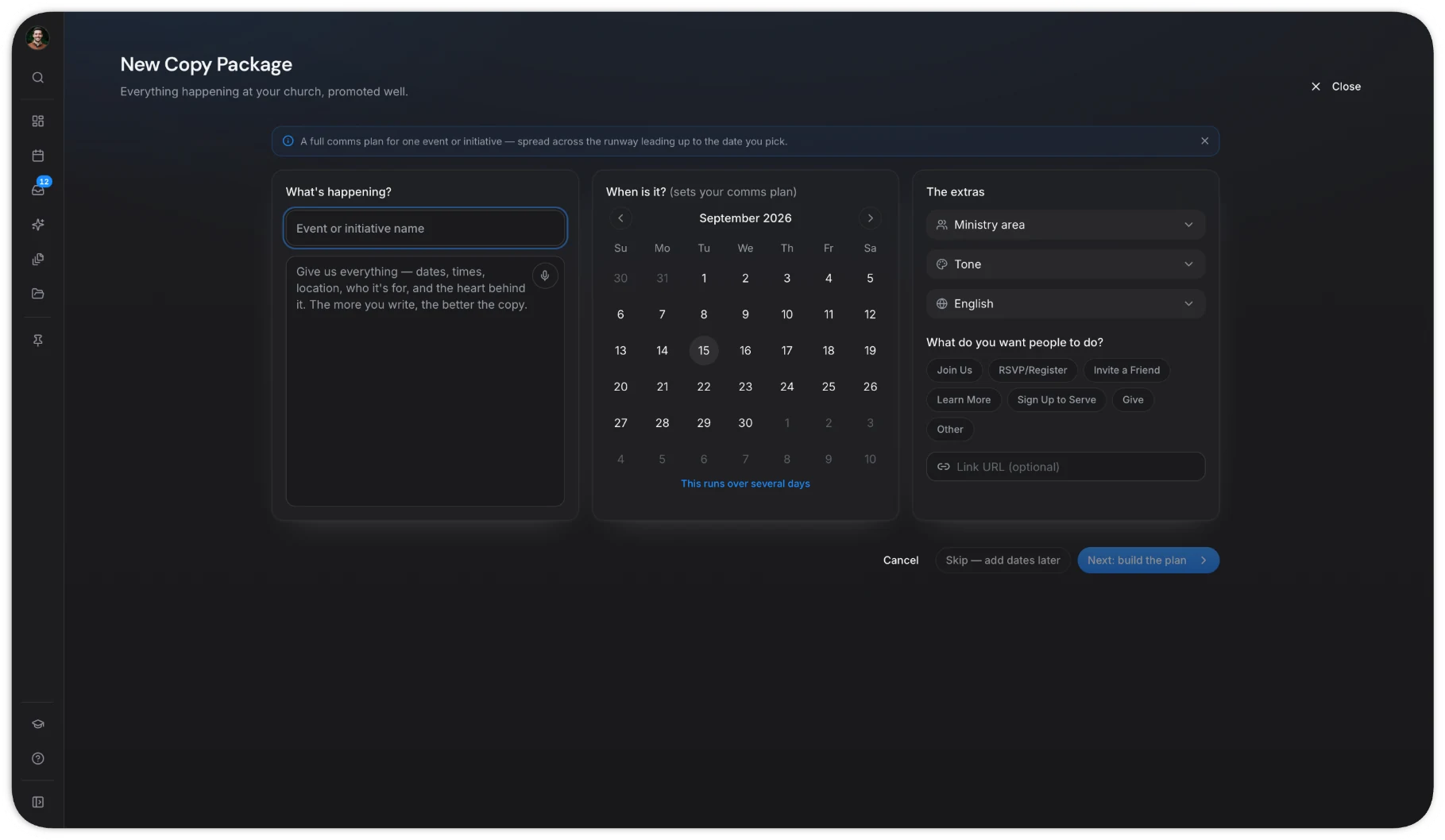 Generate Copy screen with fields for the event name, details, date picker, ministry area, tone, and call to action.