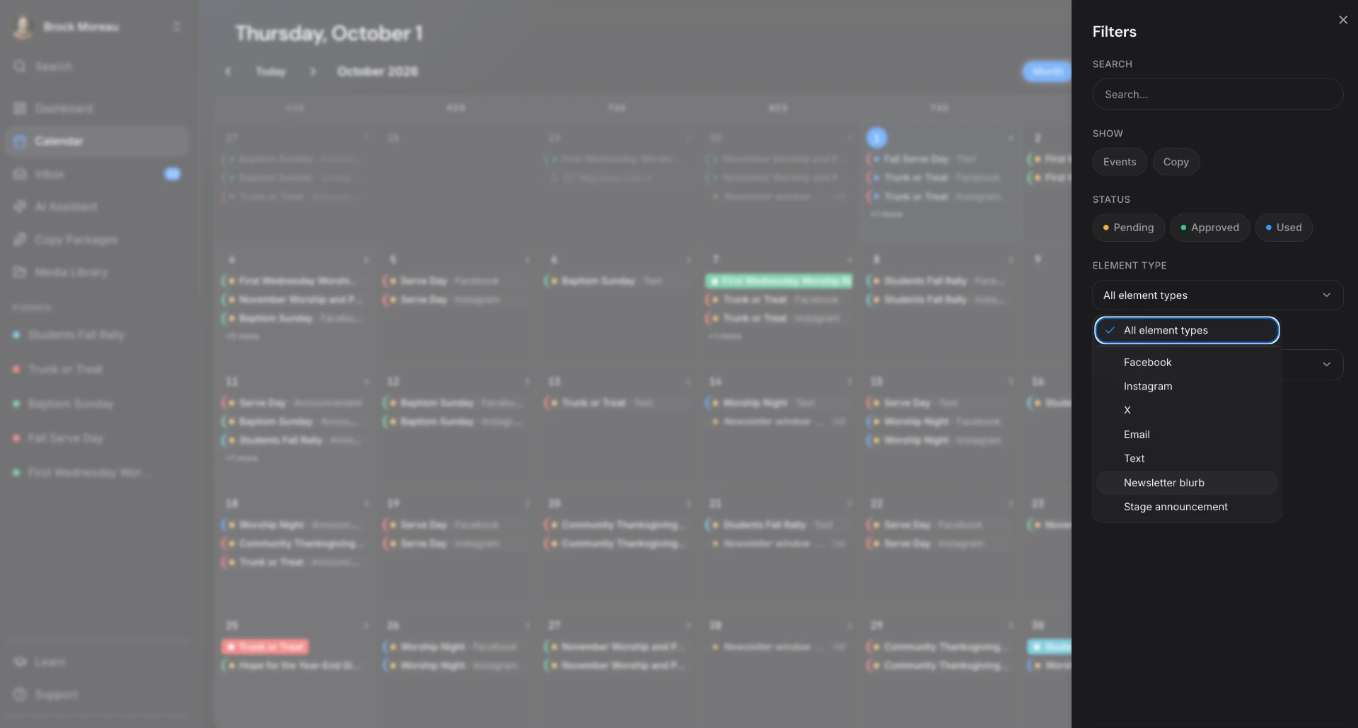 ChurchCopy calendar filters panel with the Element Type menu open and Newsletter blurb highlighted.