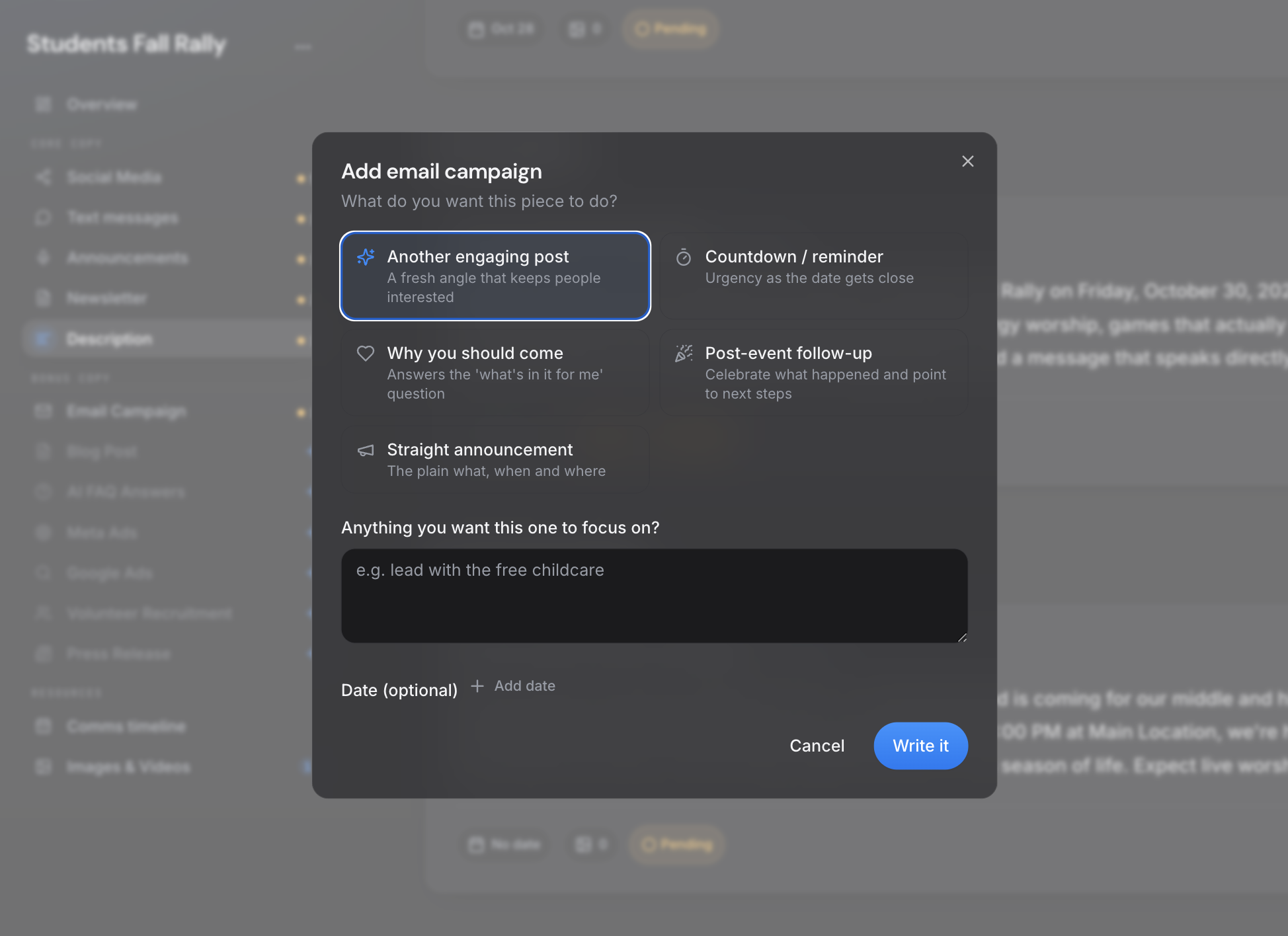 ChurchCopy Add email campaign dialog with five angle options, a focus prompt field, and an optional date.