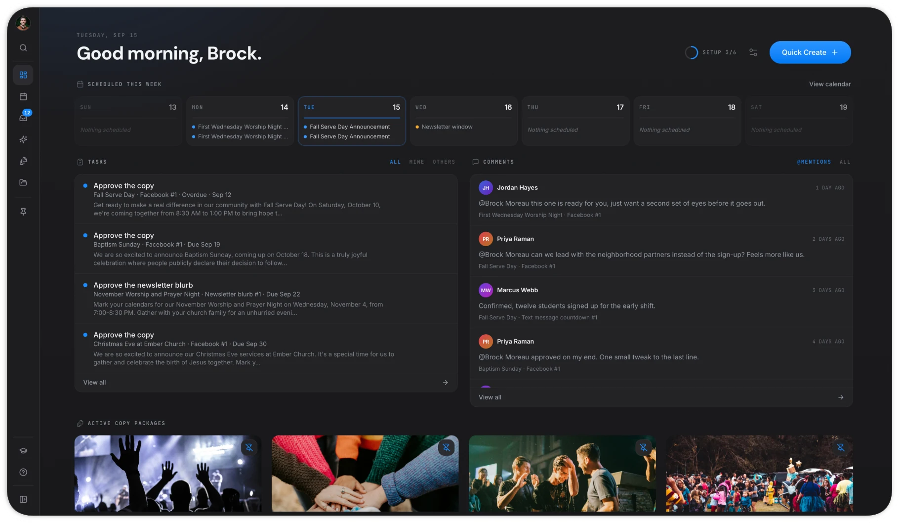 ChurchCopy V2 dashboard showing scheduled communications, approval tasks, team comments, and active copy packages.