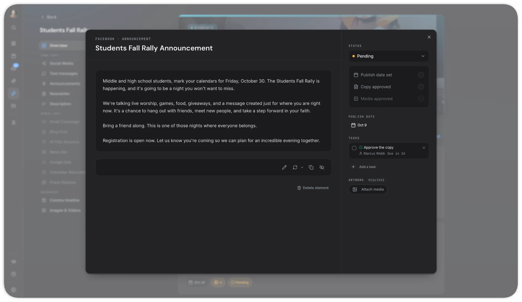 Copy package item in review with pending status, publish date, approved copy check, open media approval, assigned tasks, and required artwork.