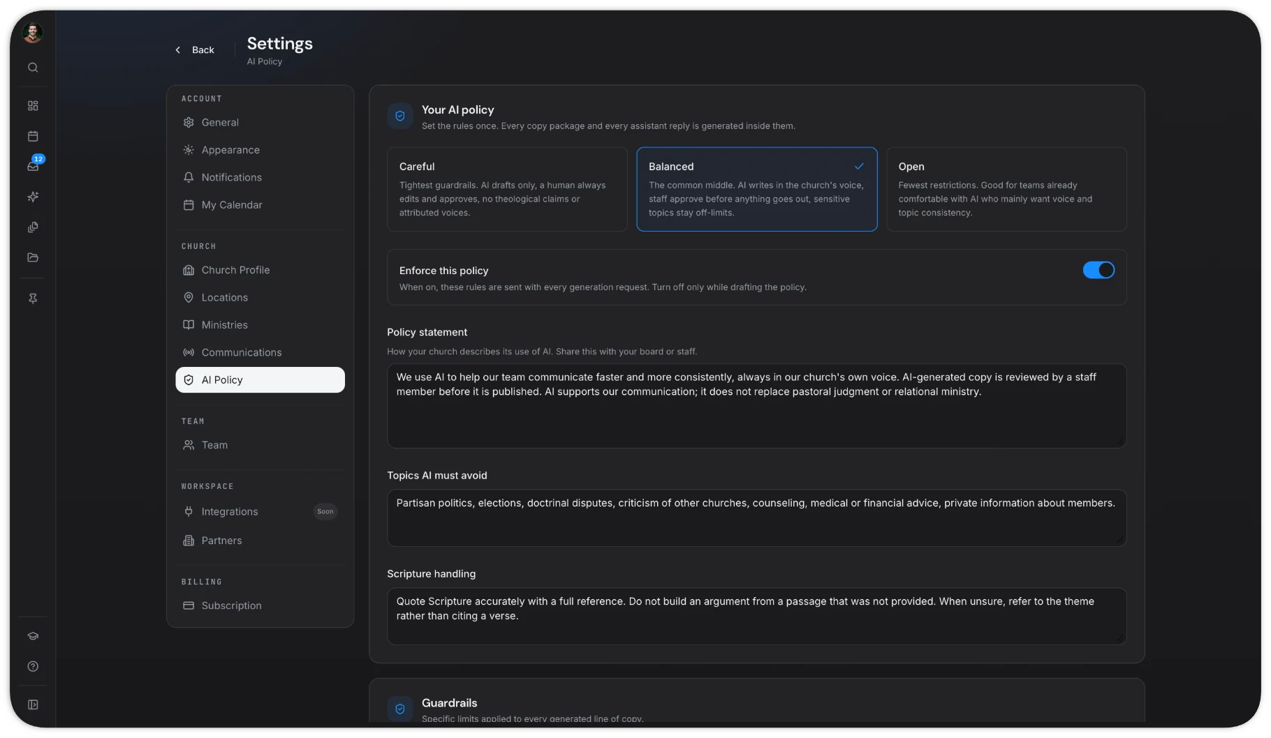 ChurchCopy V2 AI Policy settings with policy levels, enforcement controls, a policy statement, and topics AI should avoid