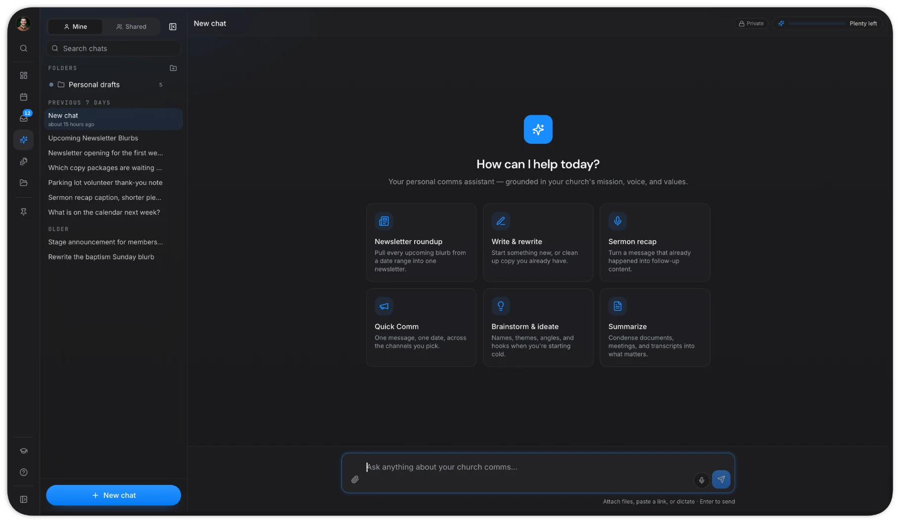 ChurchCopy V2 AI Chat Assistant with options for newsletters, sermon recaps, brainstorming, rewriting, and quick church communications