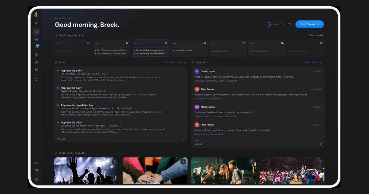ChurchCopy V2 dashboard showing scheduled communications, approvals, comments, and active Copy Packages